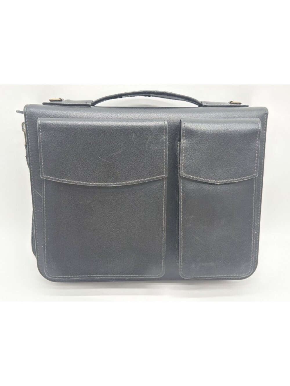 Black Leather Zippered Organizer Portfolio With Handle & Dual Front Pockets 3-Ri